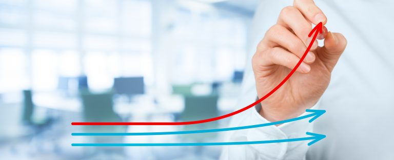 Benchmarking and market leader concept. Manager (businessman, coach, leadership) draw graph with three lines, one of them represent the best company in competition.